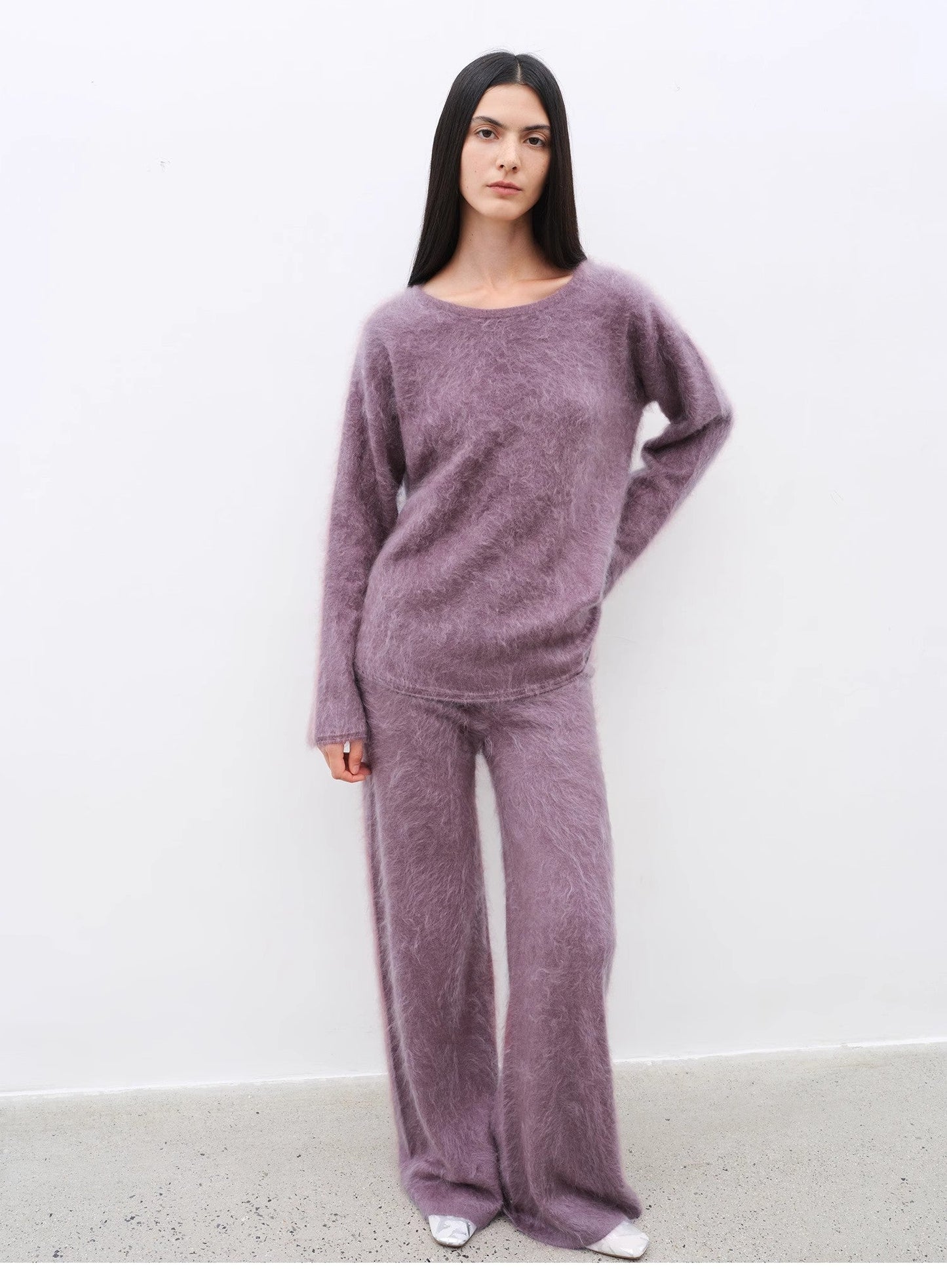 Purple Women's Sweater 2 Piece Outfit Cashmere Jumper Comfortable Loose-Fit Crewneck Top Wide Leg Pants Fall Lounge Set
