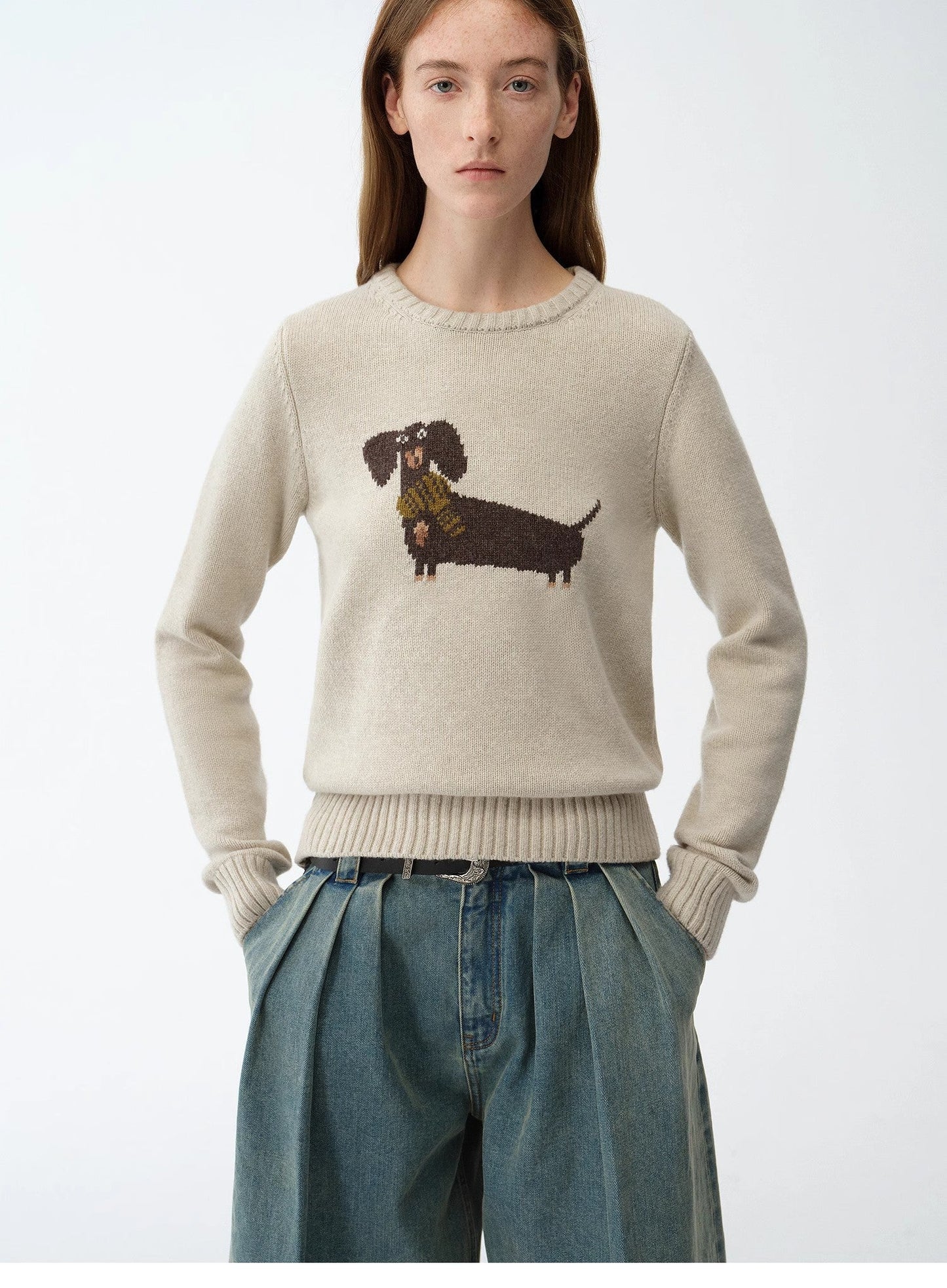 Wool Cotton Blend Animal Jacquard Round Neck Sweater for Women