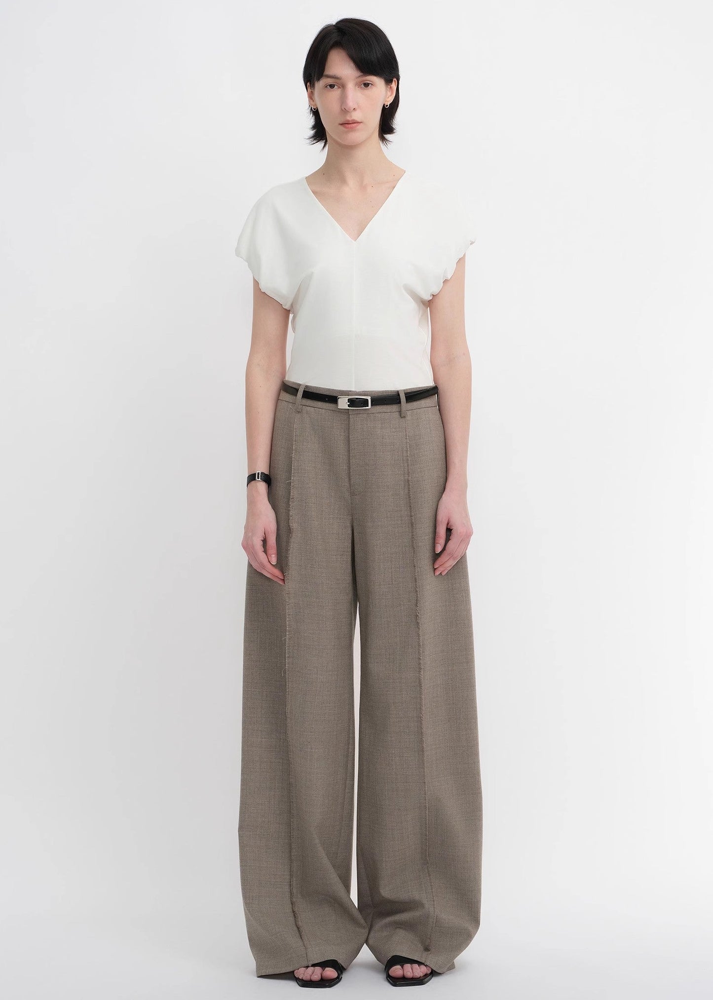 Worsted Wool Commuter Classic Drapey Raw Edge Loose Straight Wide-Leg Pants