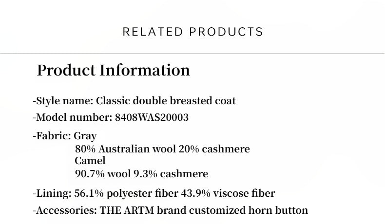 Sheep Wool Cashmere Blend Classic Tie Shoulder Sleeve Double-Breasted Coat