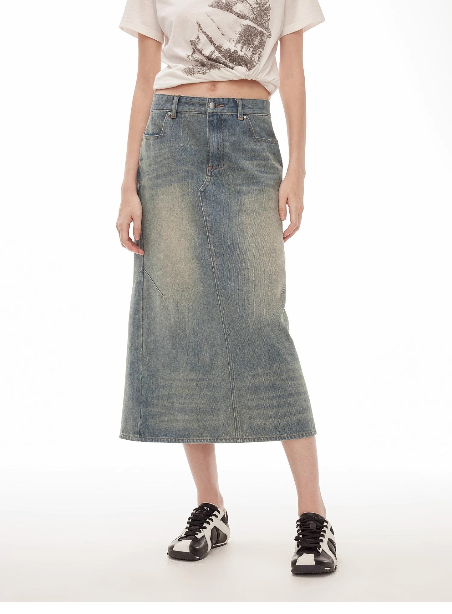 "Dawn Denim" Retro Old Enzyme Washed Mid-Low Waist Slim Fishtail Flared Slim Denim Skirt