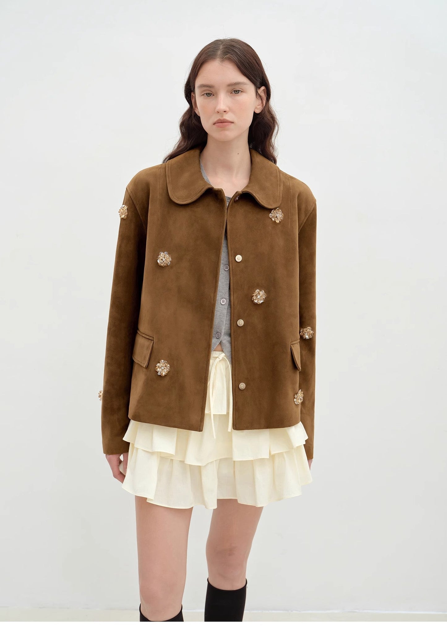 Fireladyfur Women's Short Genuine Leather Jacket With Beading"Velour"