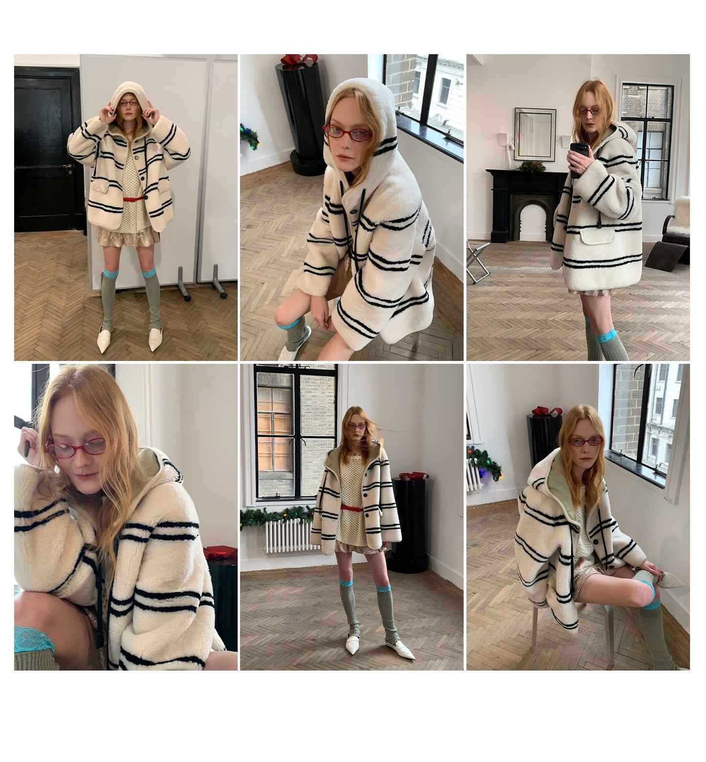 Snowy New Year Merino Sheepskin Lamb Wool Striped Jacket