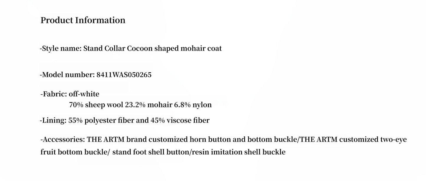 "Song of Snowland"Women's Mohair Wool Stand Collar Coat Autumn and Winter Loose Woolen Coat