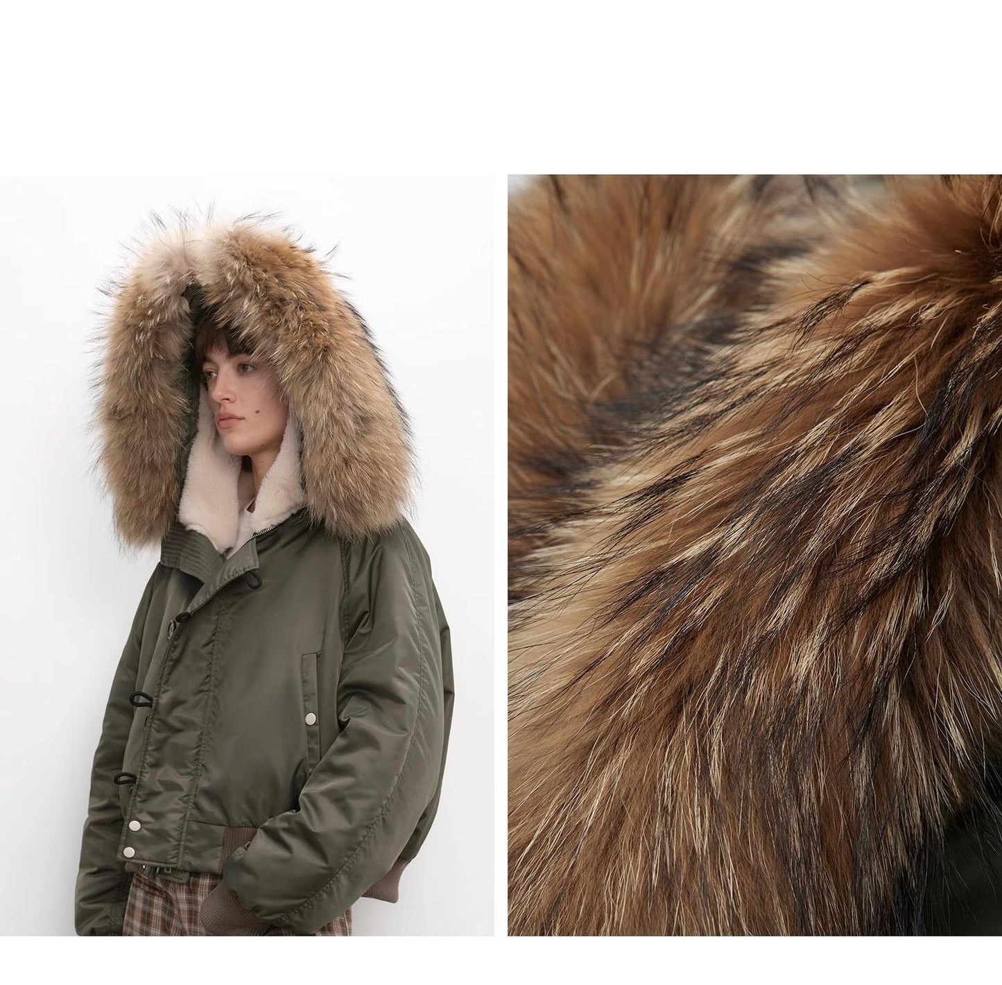 Fireladyfur Warm Short Style Jacket With a Large Fur Hood and Raccoon Fur"Cool and Sharp"