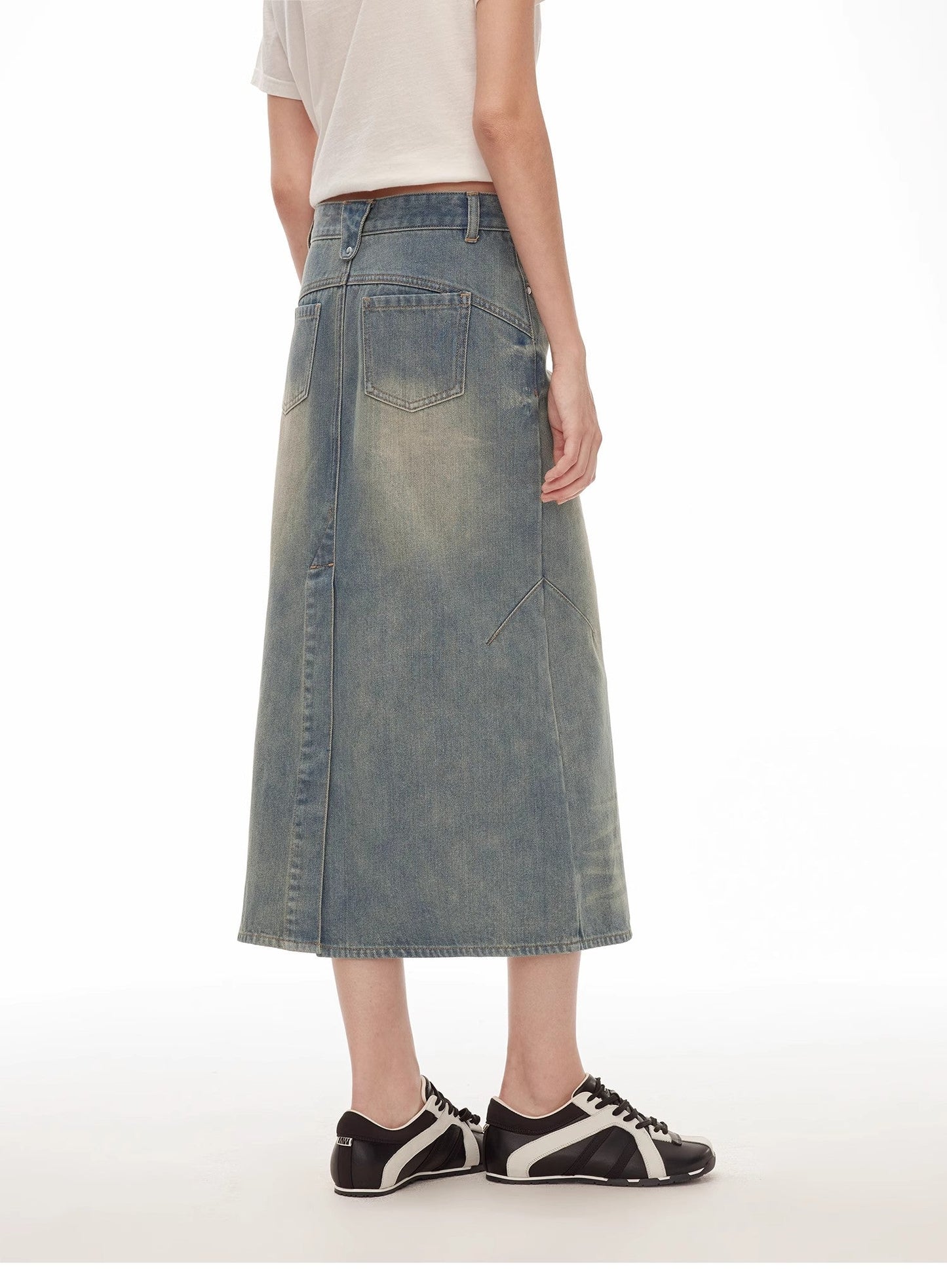 "Dawn Denim" Retro Old Enzyme Washed Mid-Low Waist Slim Fishtail Flared Slim Denim Skirt
