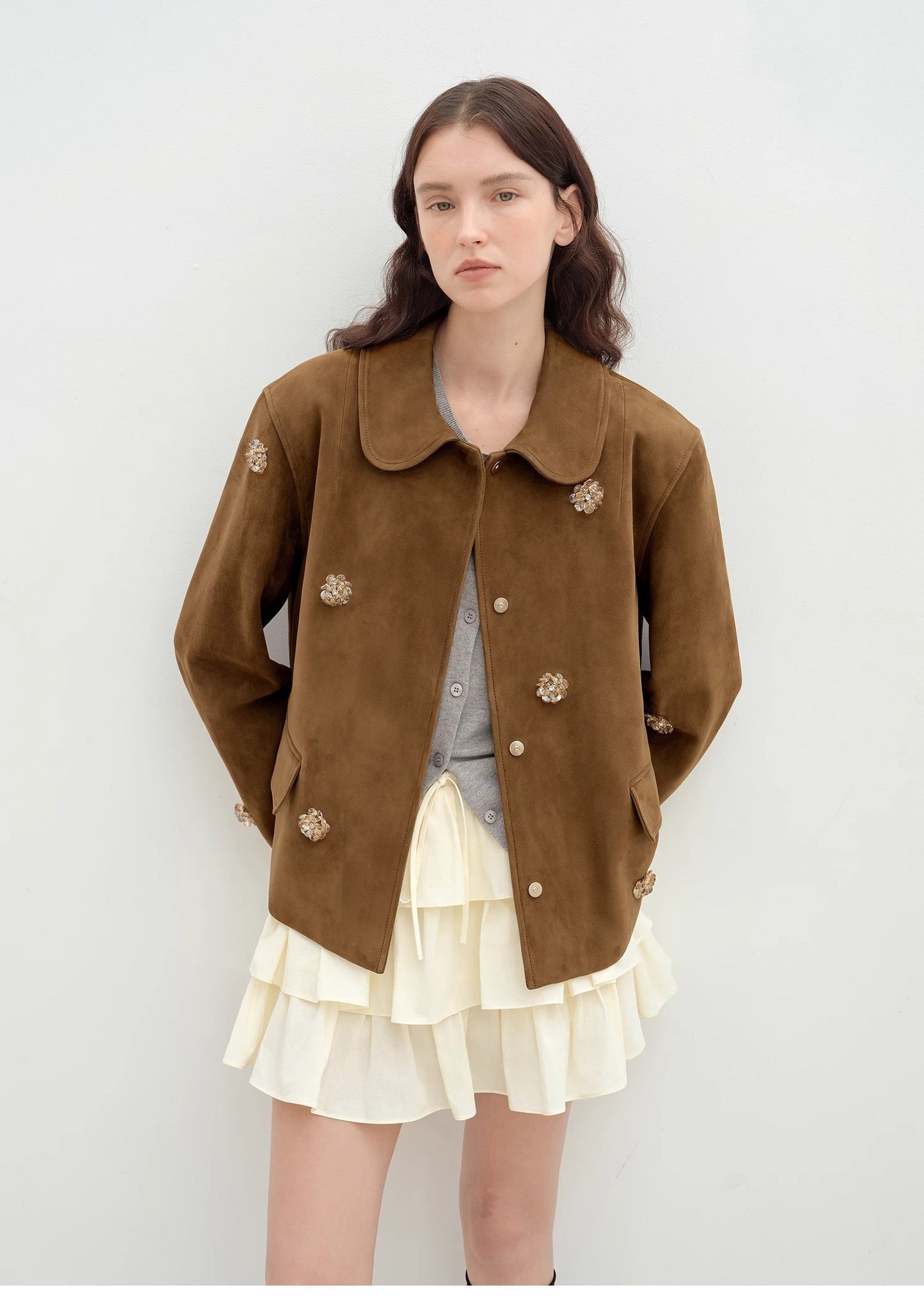 Fireladyfur Women's Short Genuine Leather Jacket With Beading"Velour"