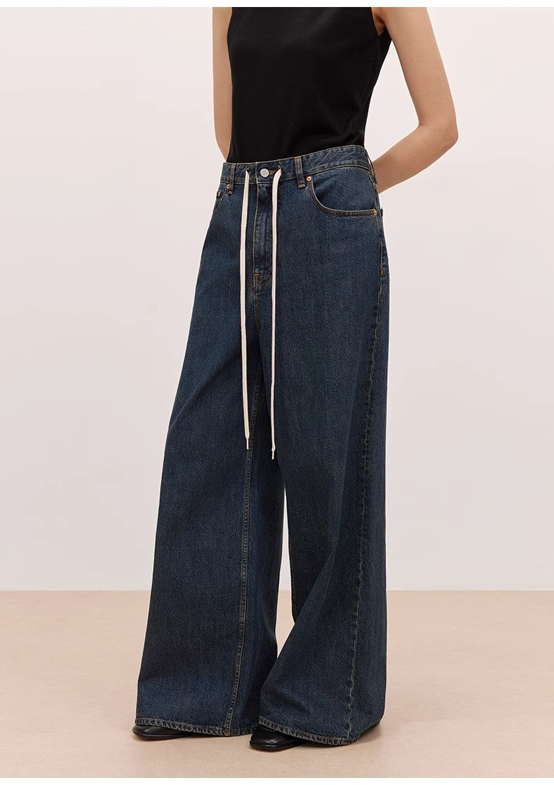 "Retro Blues" Fashionable High Waist Pleated Design Washed Casual Wide Leg Jeans for Women