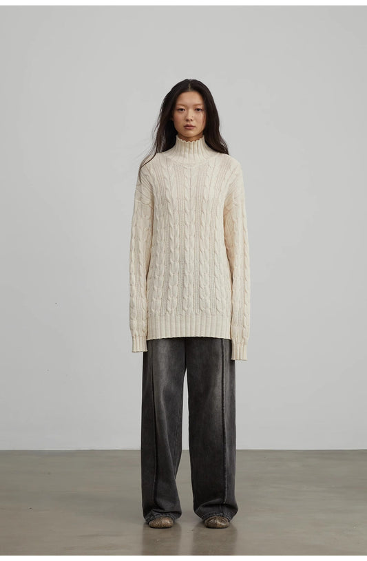 "Warm-Embrace Jacquard"Loose Slimming Straight High Collar Fashion Top 100% Cotton Women's Winter