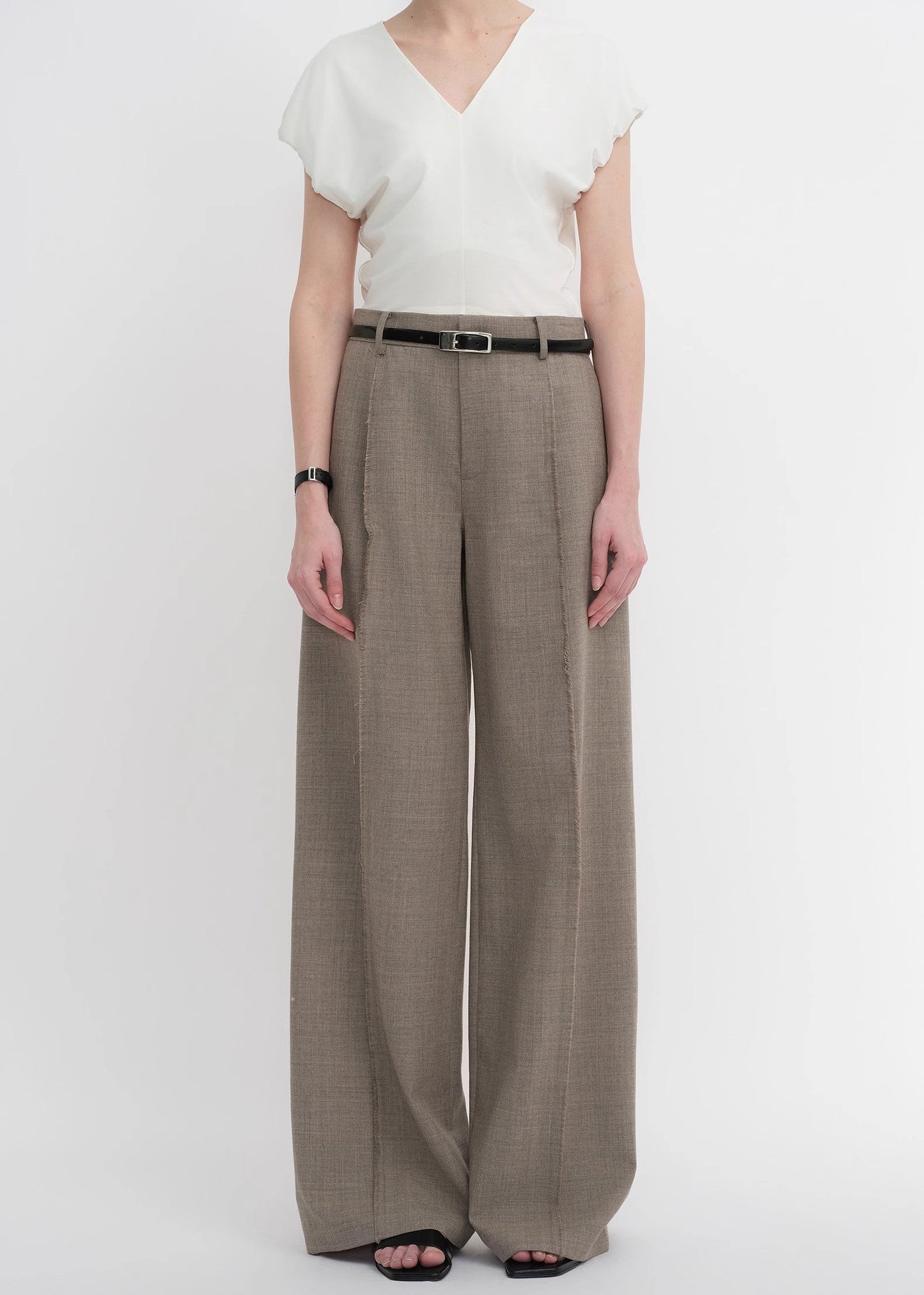 Worsted Wool Commuter Classic Drapey Raw Edge Loose Straight Wide-Leg Pants