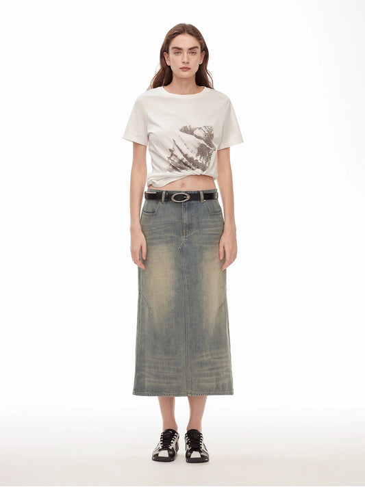 "Dawn Denim" Retro Old Enzyme Washed Mid-Low Waist Slim Fishtail Flared Slim Denim Skirt