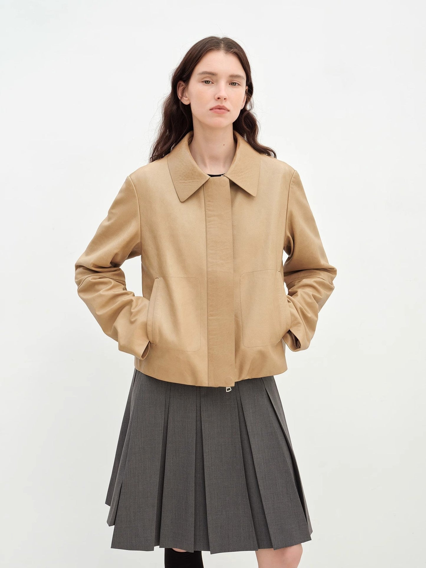 Two-Tone Wax Sheepskin Short Jacket Leather Coat Women