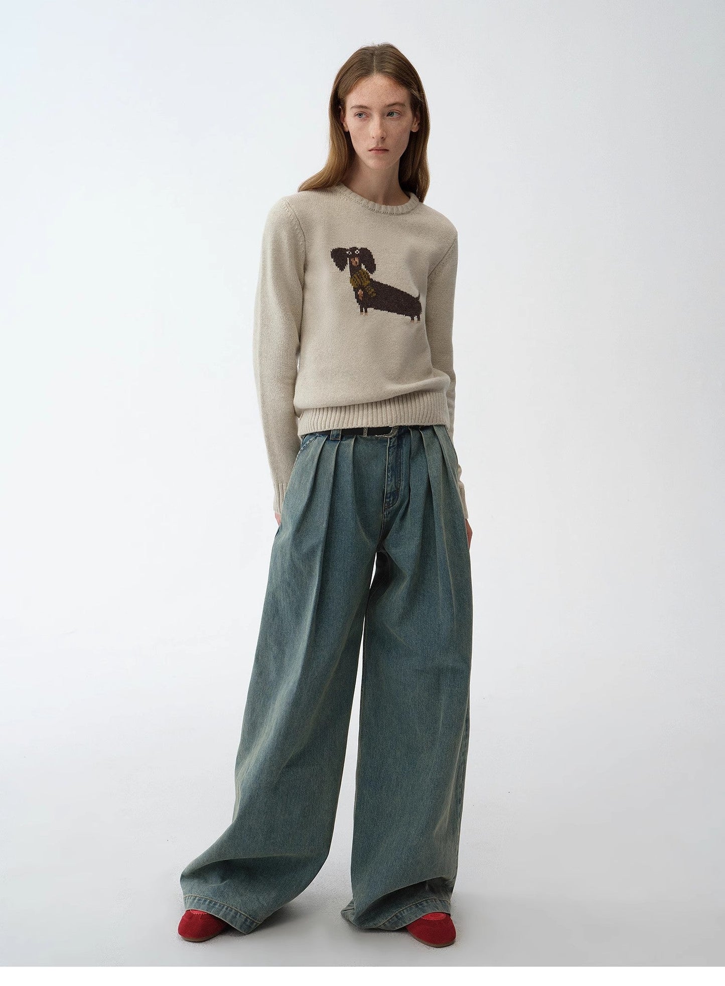 Wool Cotton Blend Animal Jacquard Round Neck Sweater for Women