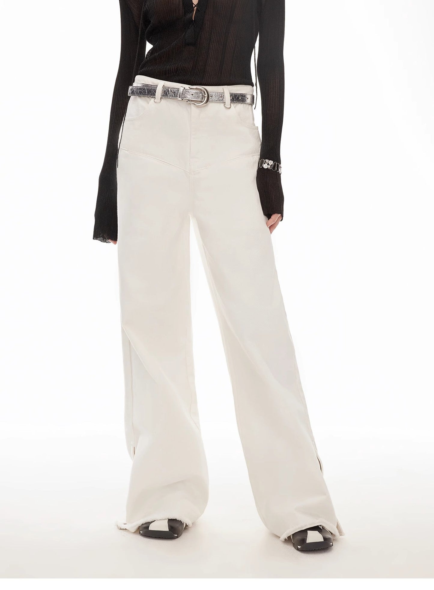 Vintage Style Curved Split Design Wide-Leg Micro-Lapel Mid-Low Waist Denim Pants