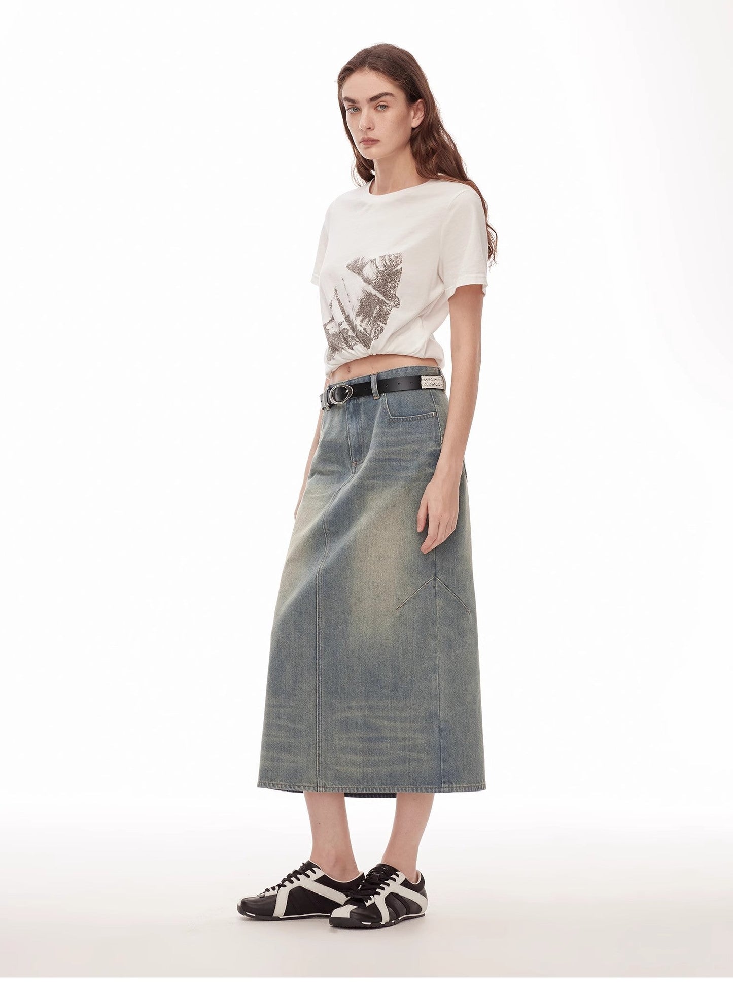 "Dawn Denim" Retro Old Enzyme Washed Mid-Low Waist Slim Fishtail Flared Slim Denim Skirt