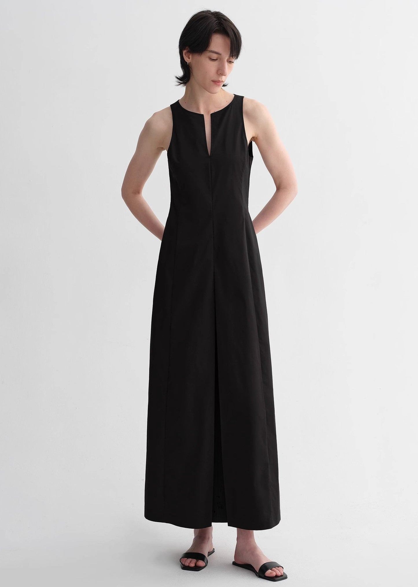 Shaped I-Shaped Pleated V-Neck Commuting Slim-Fitting Split Vest Dress for Women