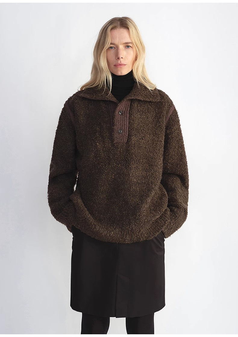 Alpaca Wool Blended Bouclé Yarn Spliced POLO Shirt Lazy and Relaxed Sweater