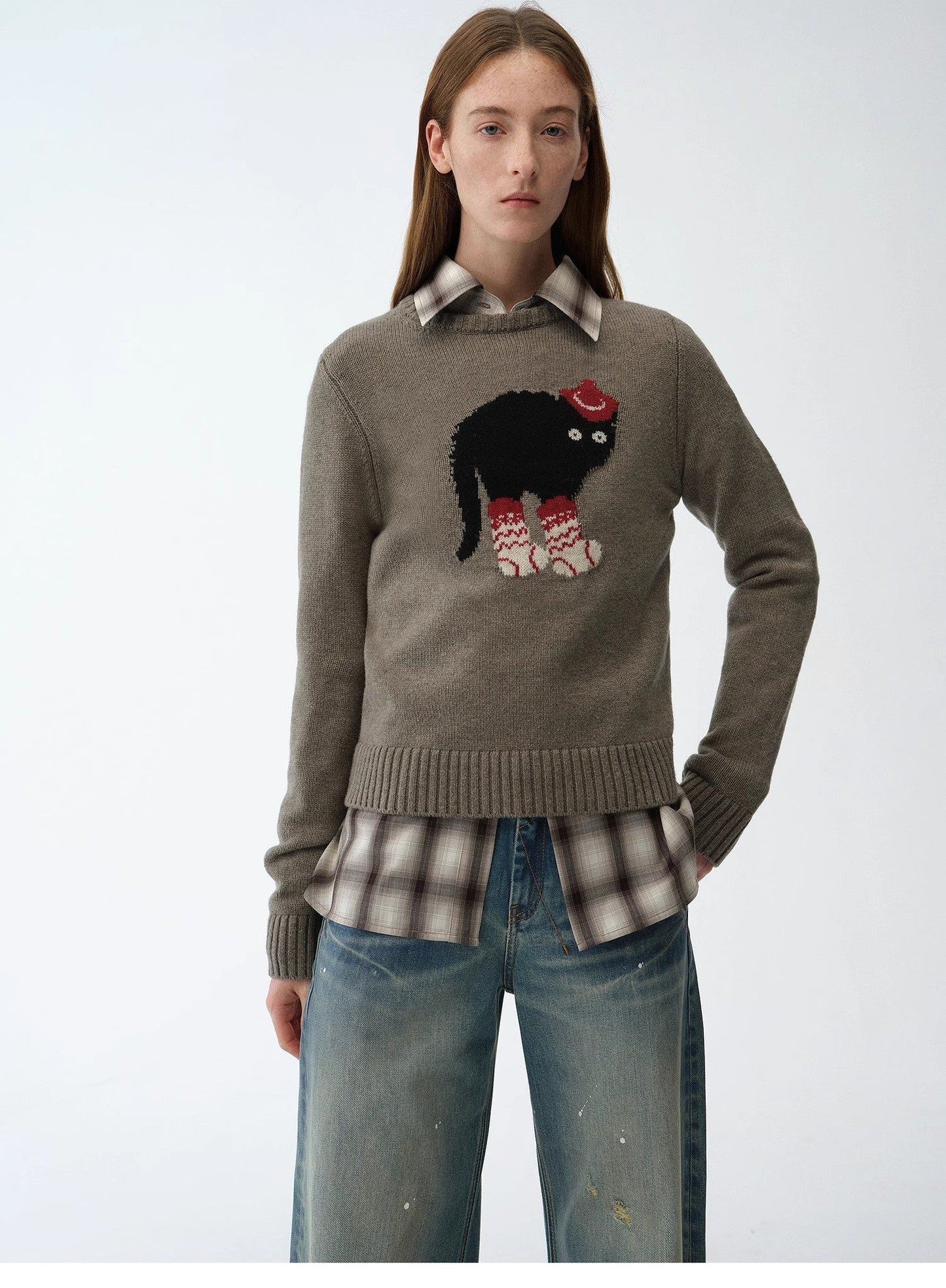 Wool Cotton Blend Animal Jacquard Round Neck Sweater for Women