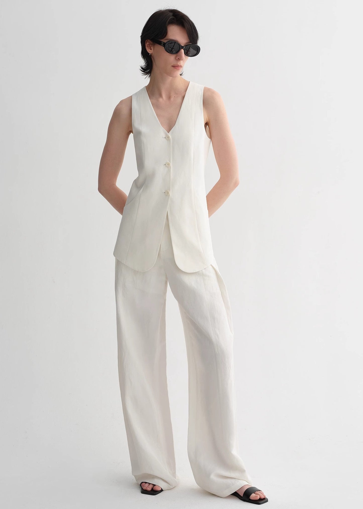 Mulberry Silk Linen V-Neck Vest Summer Suit for Women