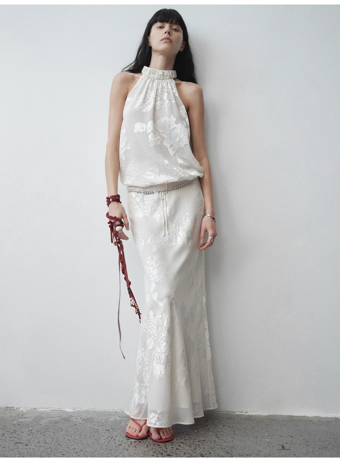 Bias-Cut Fishtail Midi Skirt in Burnt Pattern Material