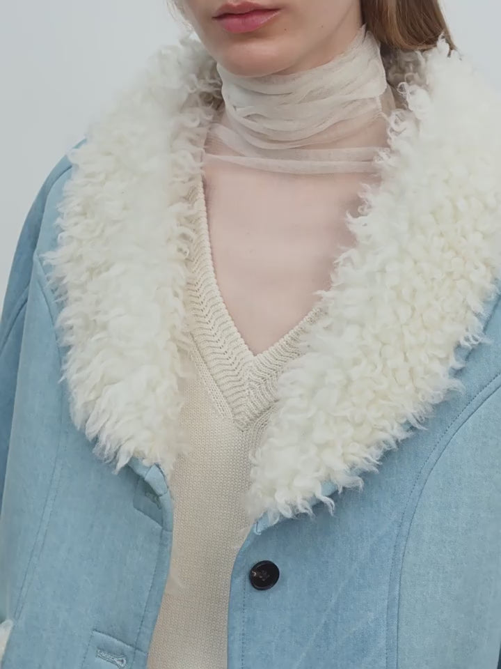 "Pure Era" Imported High-Quality Lamb Contrast Color Fruit Collar Short Wool Fur Coat