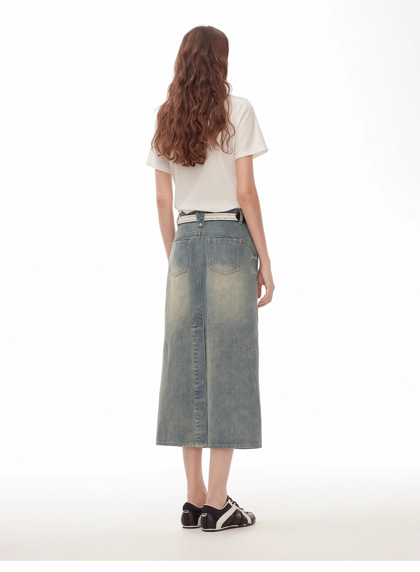 "Dawn Denim" Retro Old Enzyme Washed Mid-Low Waist Slim Fishtail Flared Slim Denim Skirt