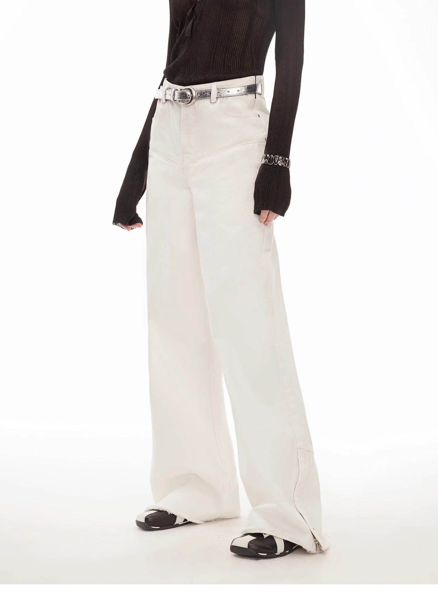 Vintage Style Curved Split Design Wide-Leg Micro-Lapel Mid-Low Waist Denim Pants