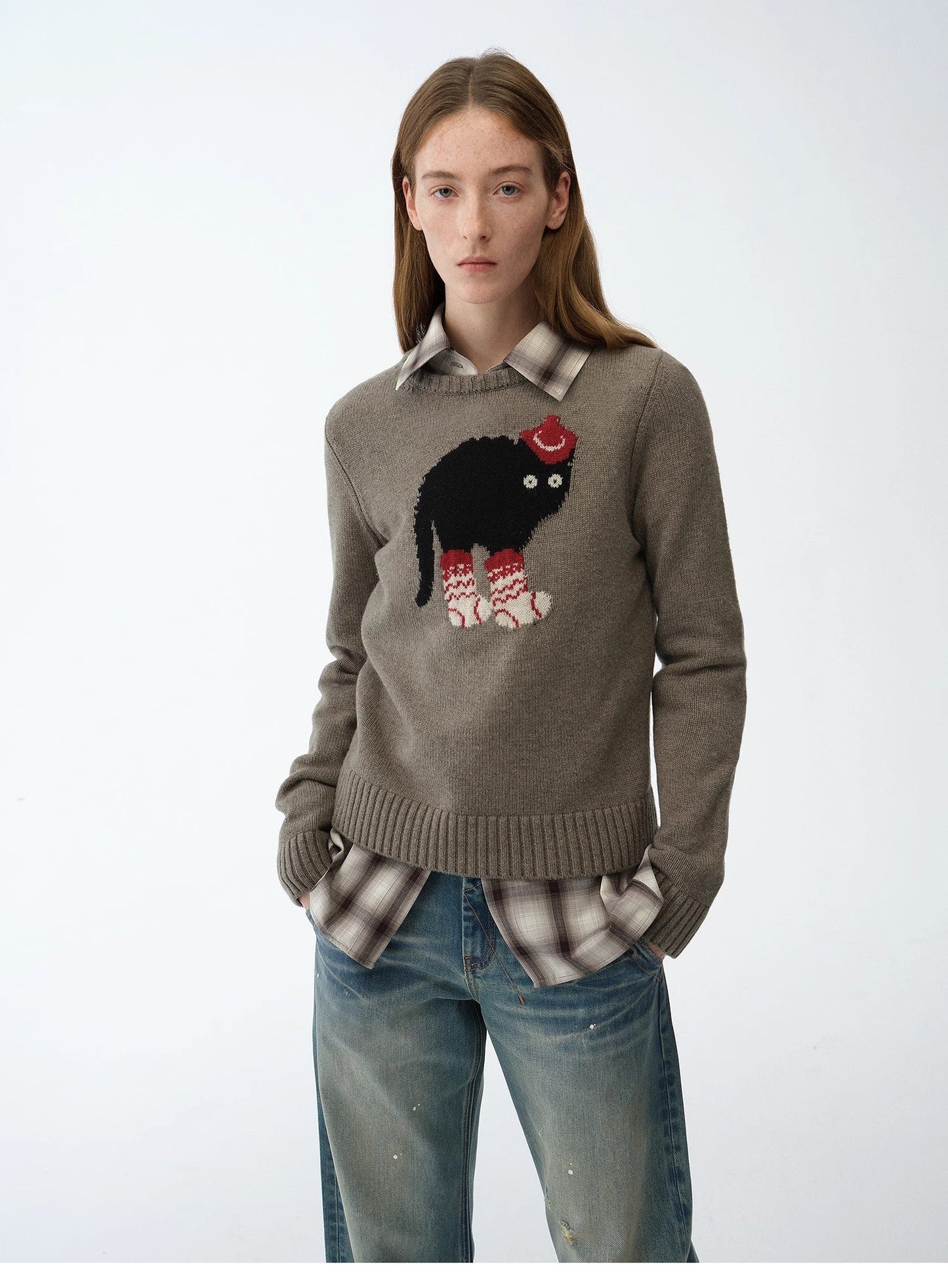 Wool Cotton Blend Animal Jacquard Round Neck Sweater for Women