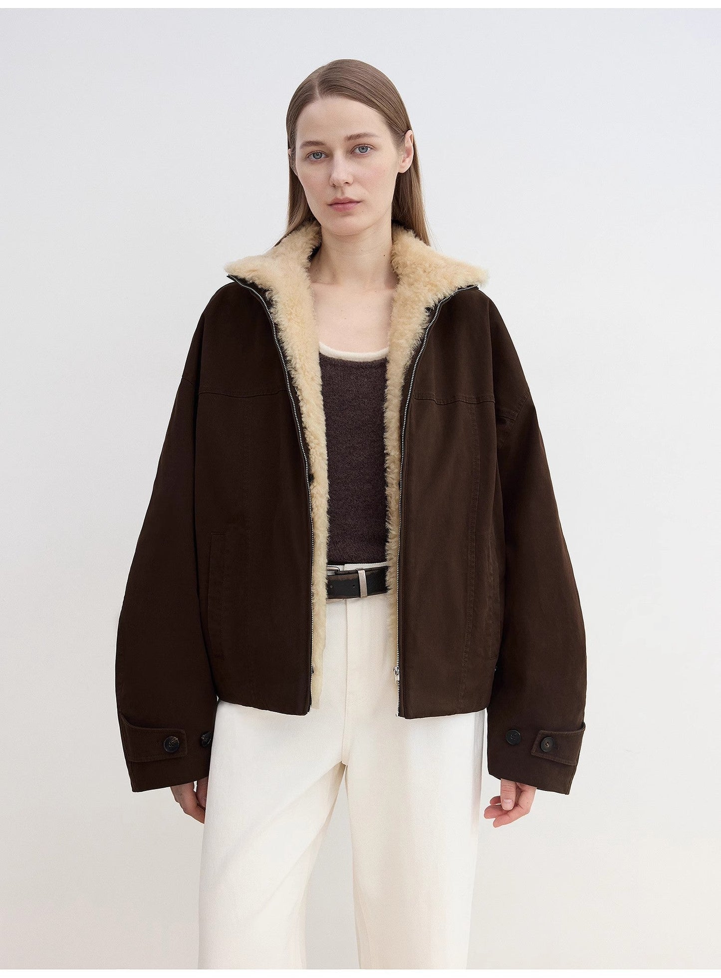 "Rebellious Escape" Detachable Contrasting Color Shearling Fur Collar Down Short Parka