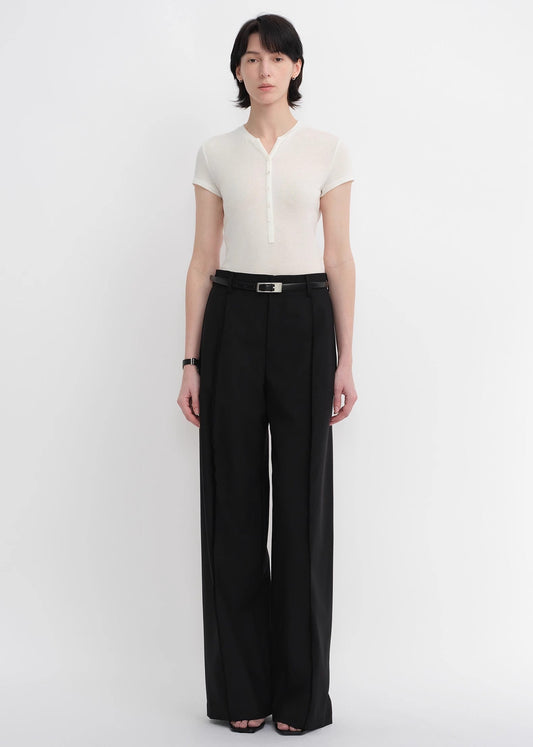 Worsted Wool Commuter Classic Drapey Raw Edge Loose Straight Wide-Leg Pants