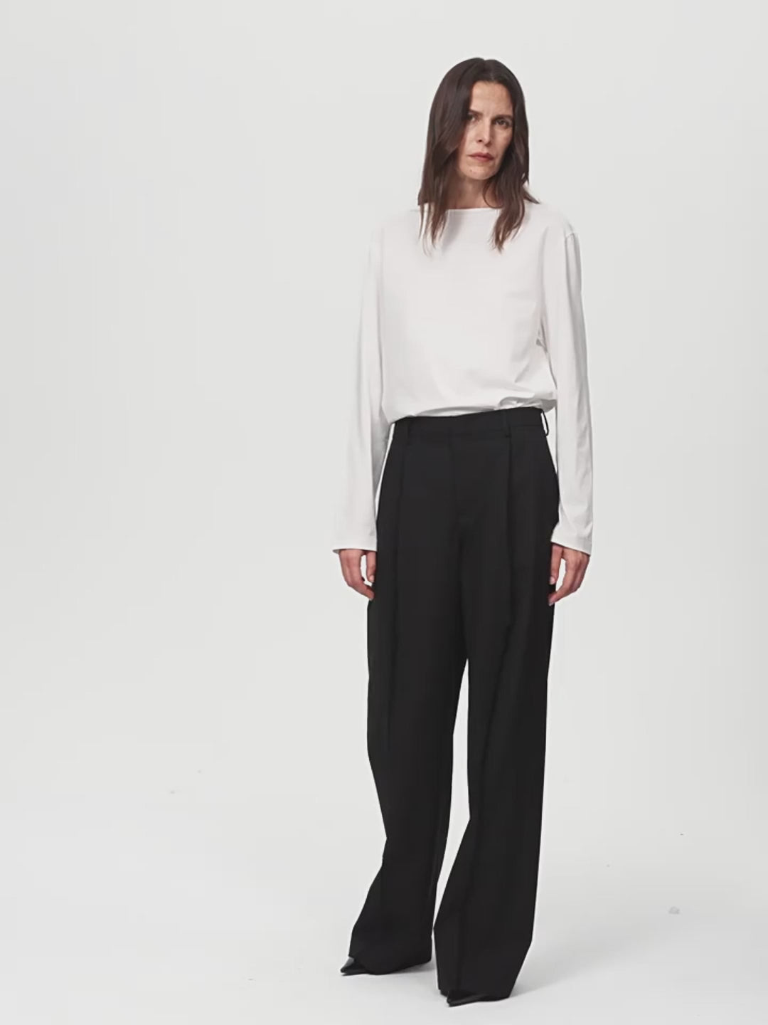 Worsted Wool Commuter Classic Drapey Raw Edge Loose Straight Wide-Leg Pants