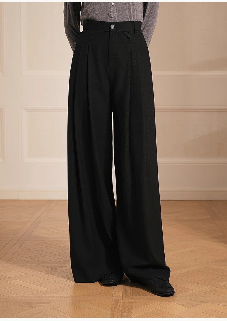 Merino Wool Blended Double Pleated Wide-Leg Pants