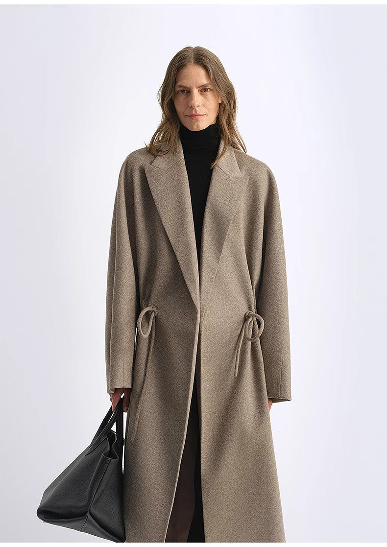 women's Original Color Wool Peaked Lapel Drawstring Mid-Length Wool Coat