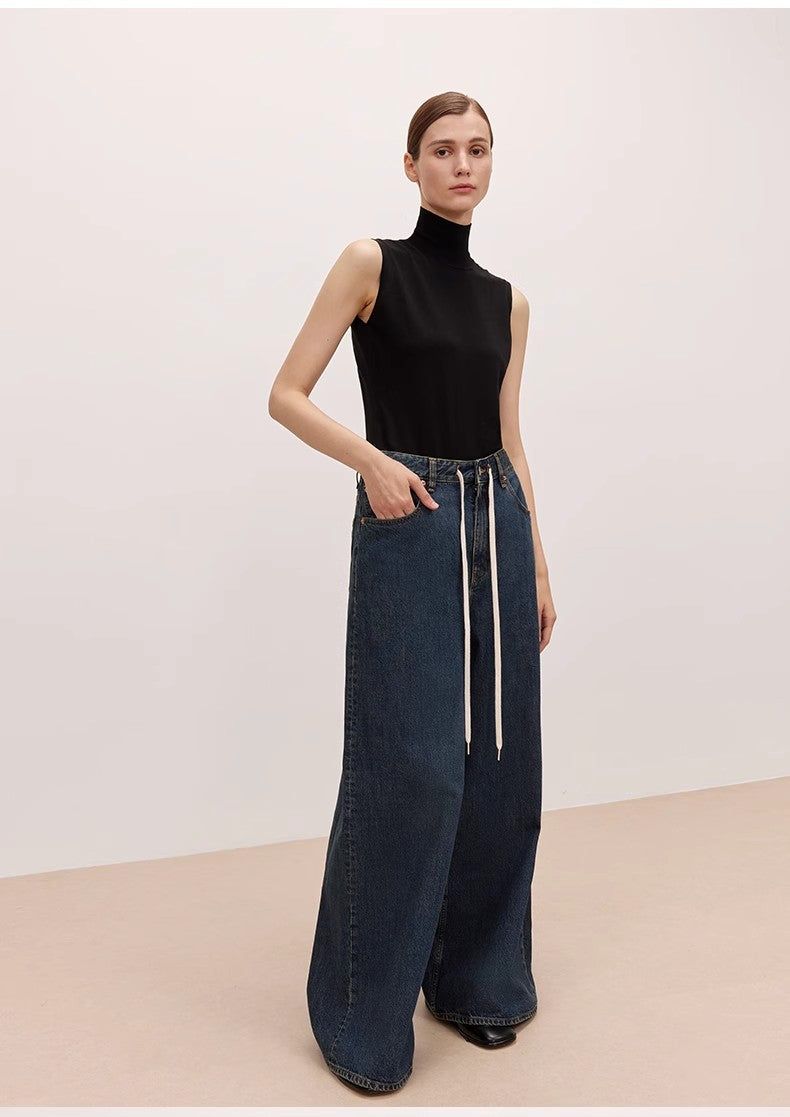 "Retro Blues" Fashionable High Waist Pleated Design Washed Casual Wide Leg Jeans for Women