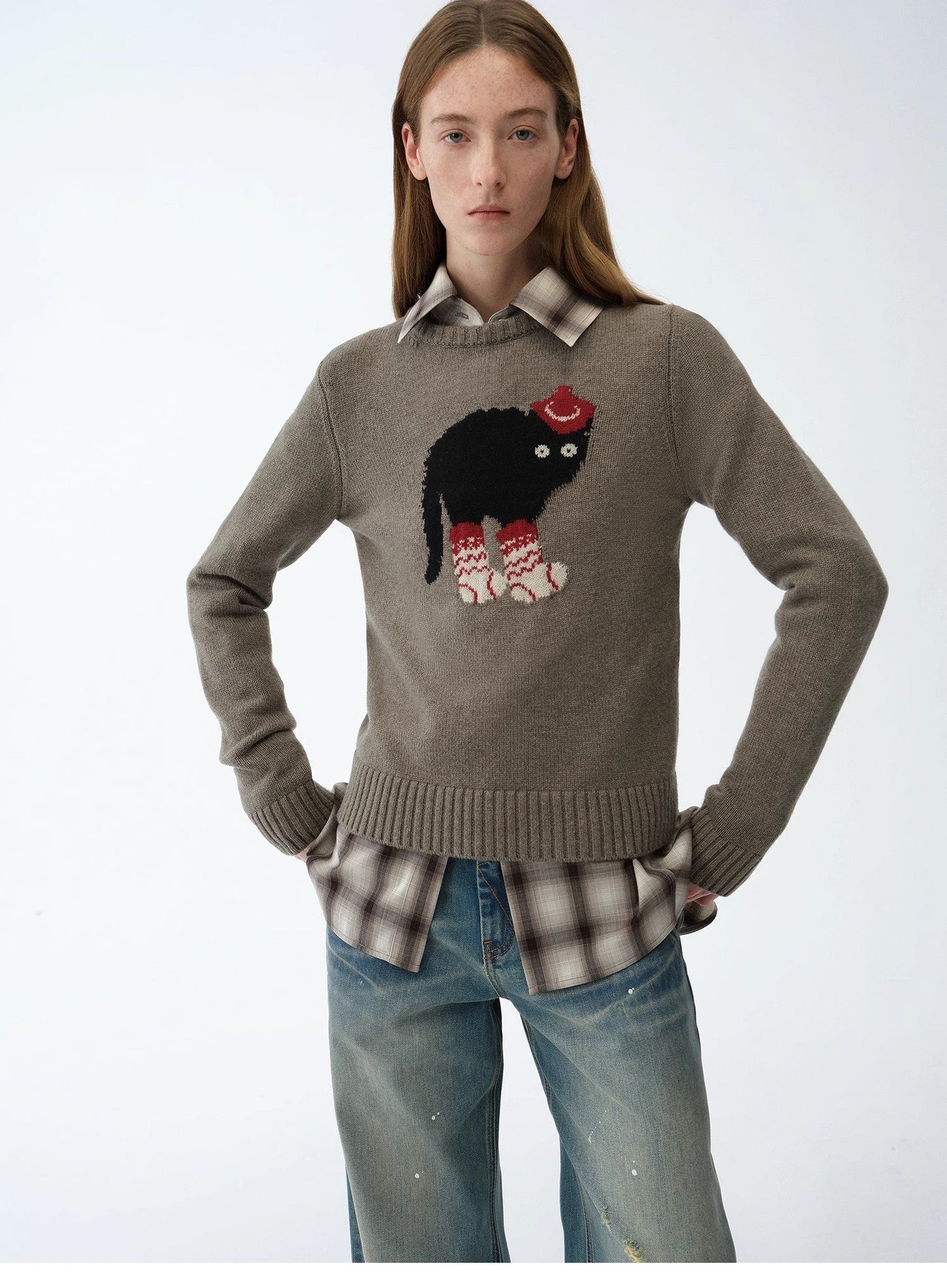Wool Cotton Blend Animal Jacquard Round Neck Sweater for Women