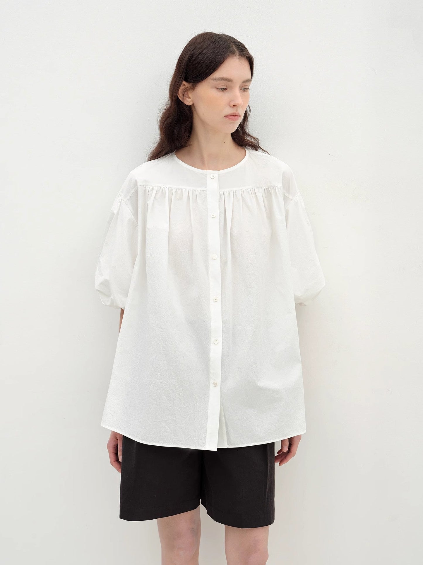 Pure Cotton Slightly Wrinkled Puff Sleeve Short Top for Women
