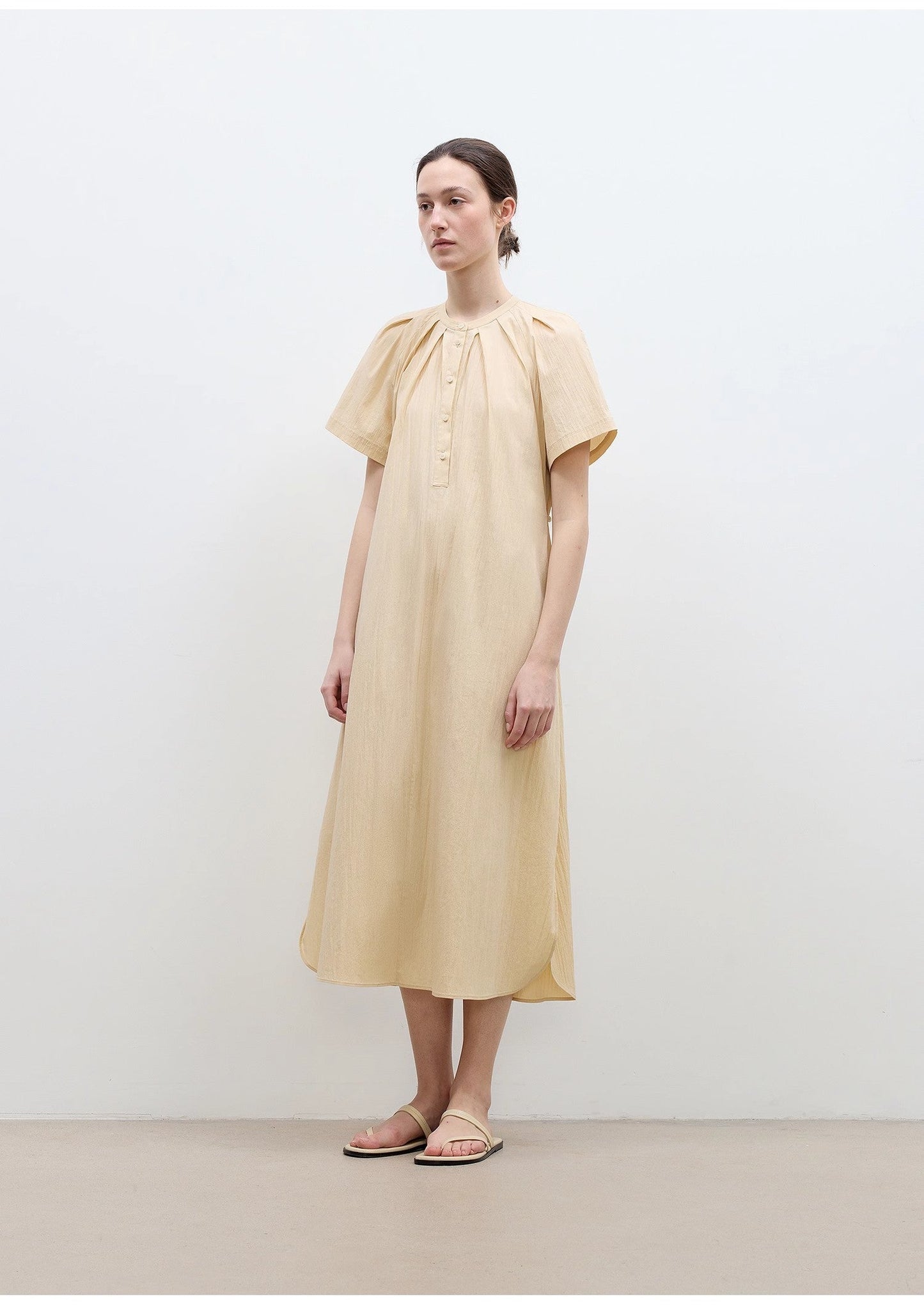 Cotton Stand Collar Pleated Short Sleeve Shirt Dress for Women