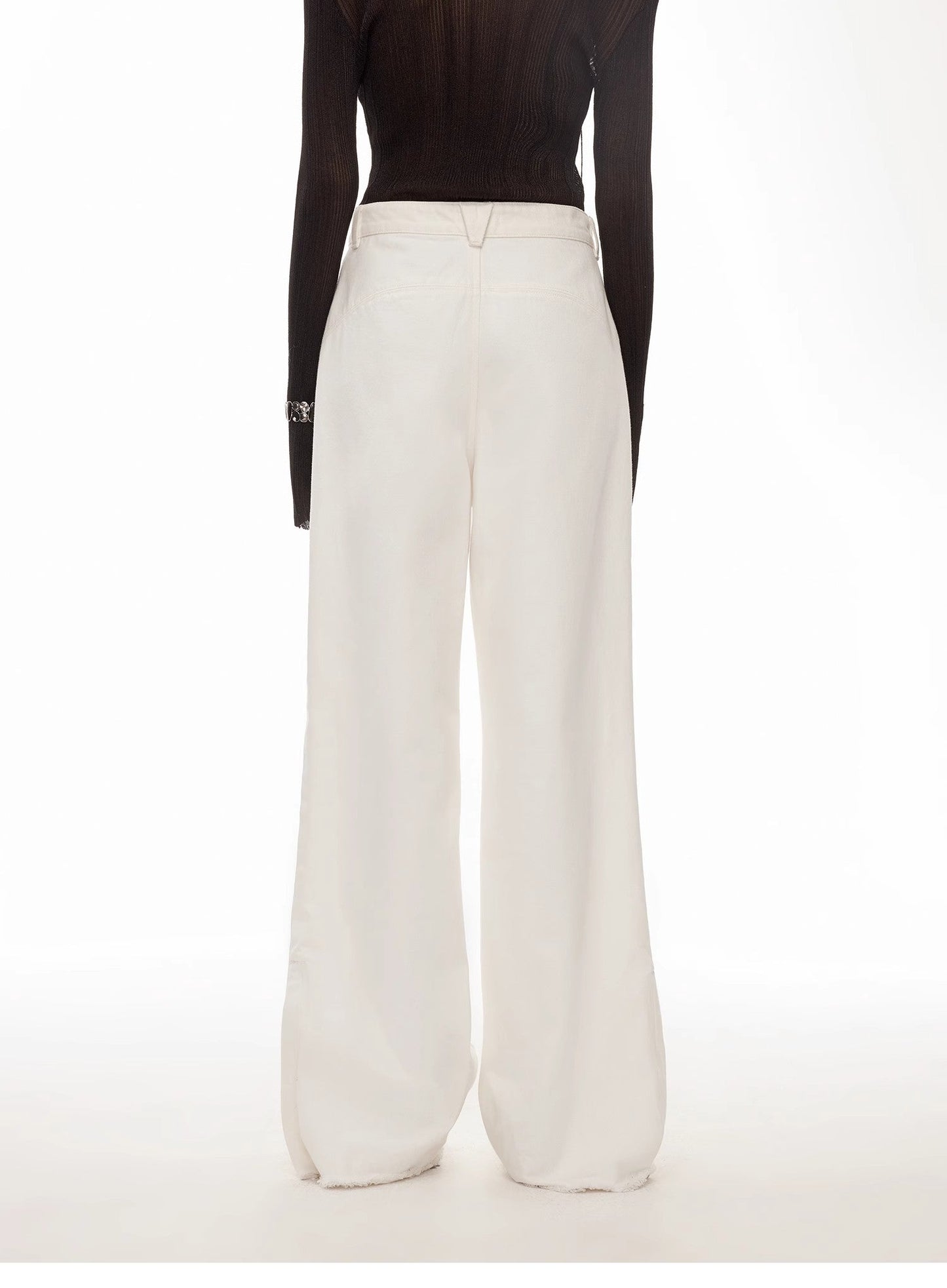 Vintage Style Curved Split Design Wide-Leg Micro-Lapel Mid-Low Waist Denim Pants