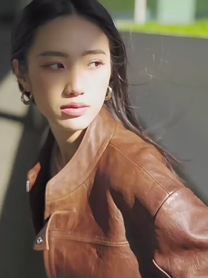 Retro Sheepskin Stand Collar Short Motorcycle Jacket “Caramel Mountain”