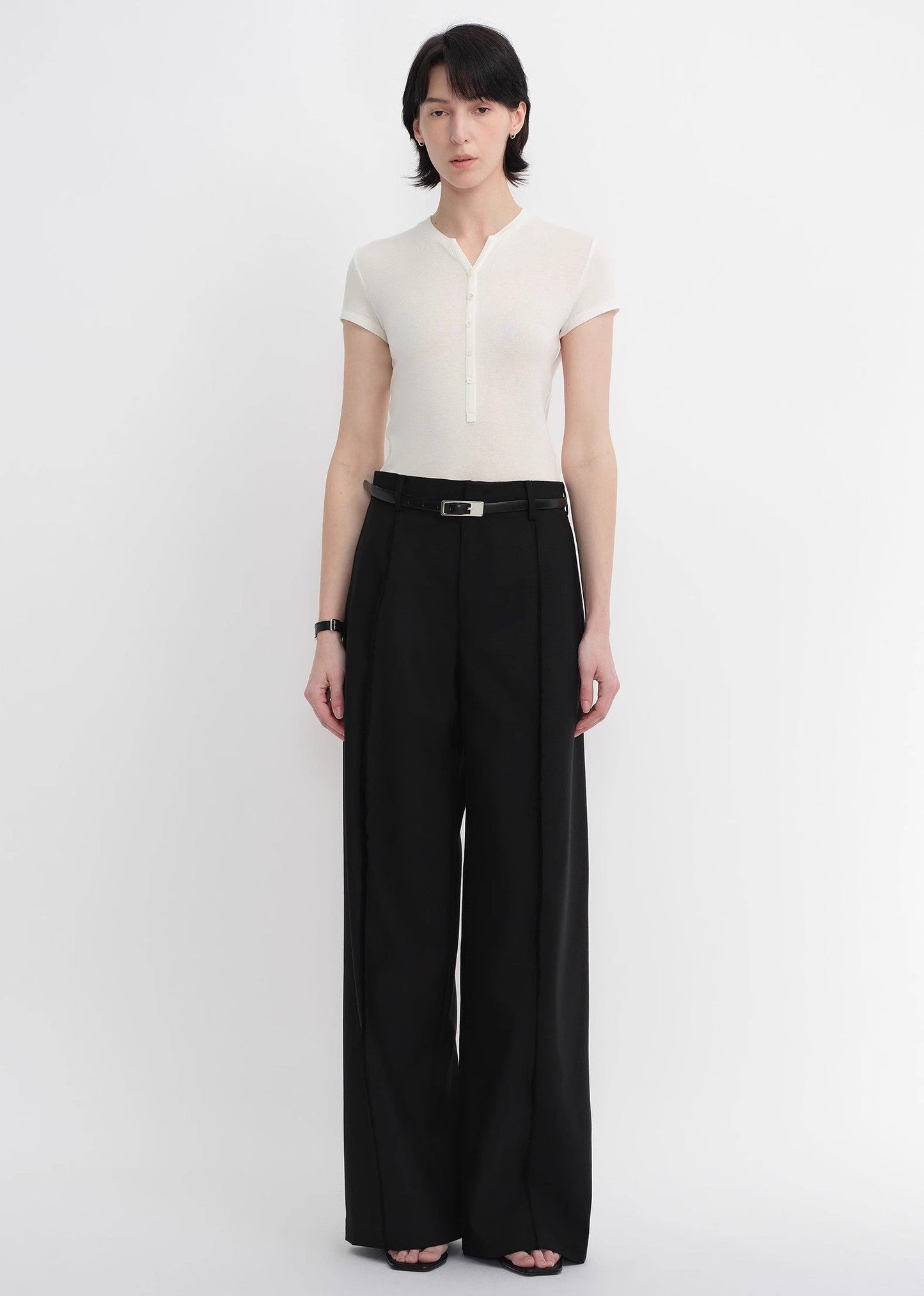 Worsted Wool Commuter Classic Drapey Raw Edge Loose Straight Wide-Leg Pants
