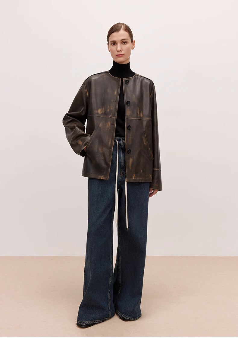 "Retro Blues" Fashionable High Waist Pleated Design Washed Casual Wide Leg Jeans for Women