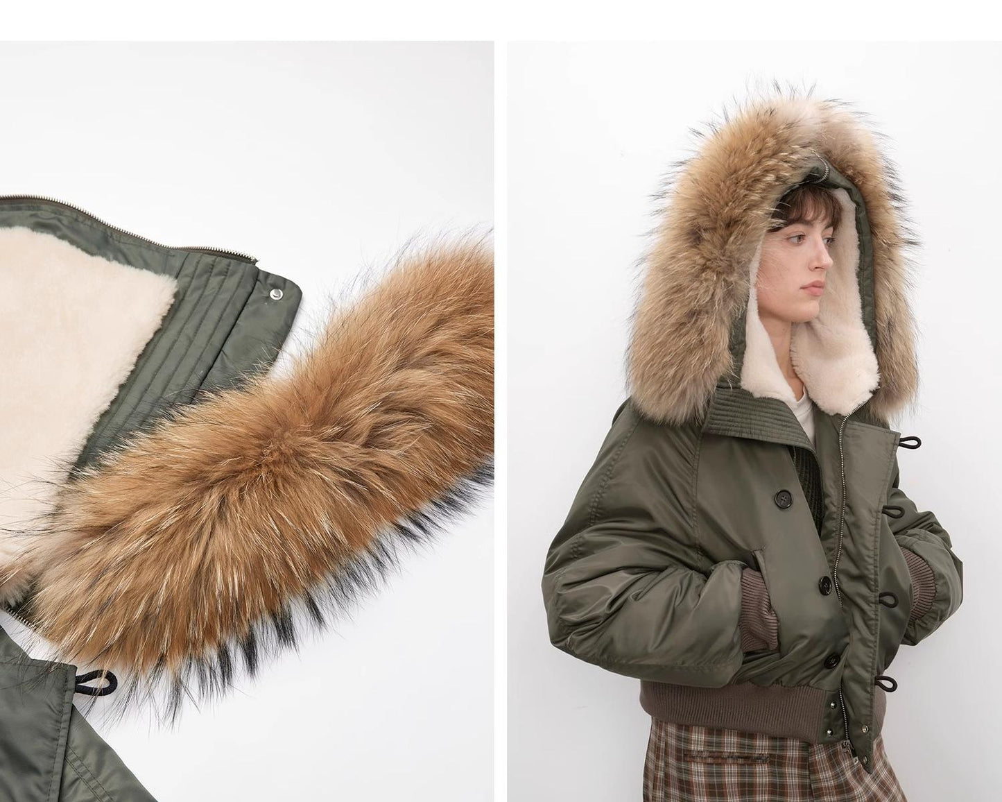 Fireladyfur Warm Short Style Jacket With a Large Fur Hood and Raccoon Fur"Cool and Sharp"