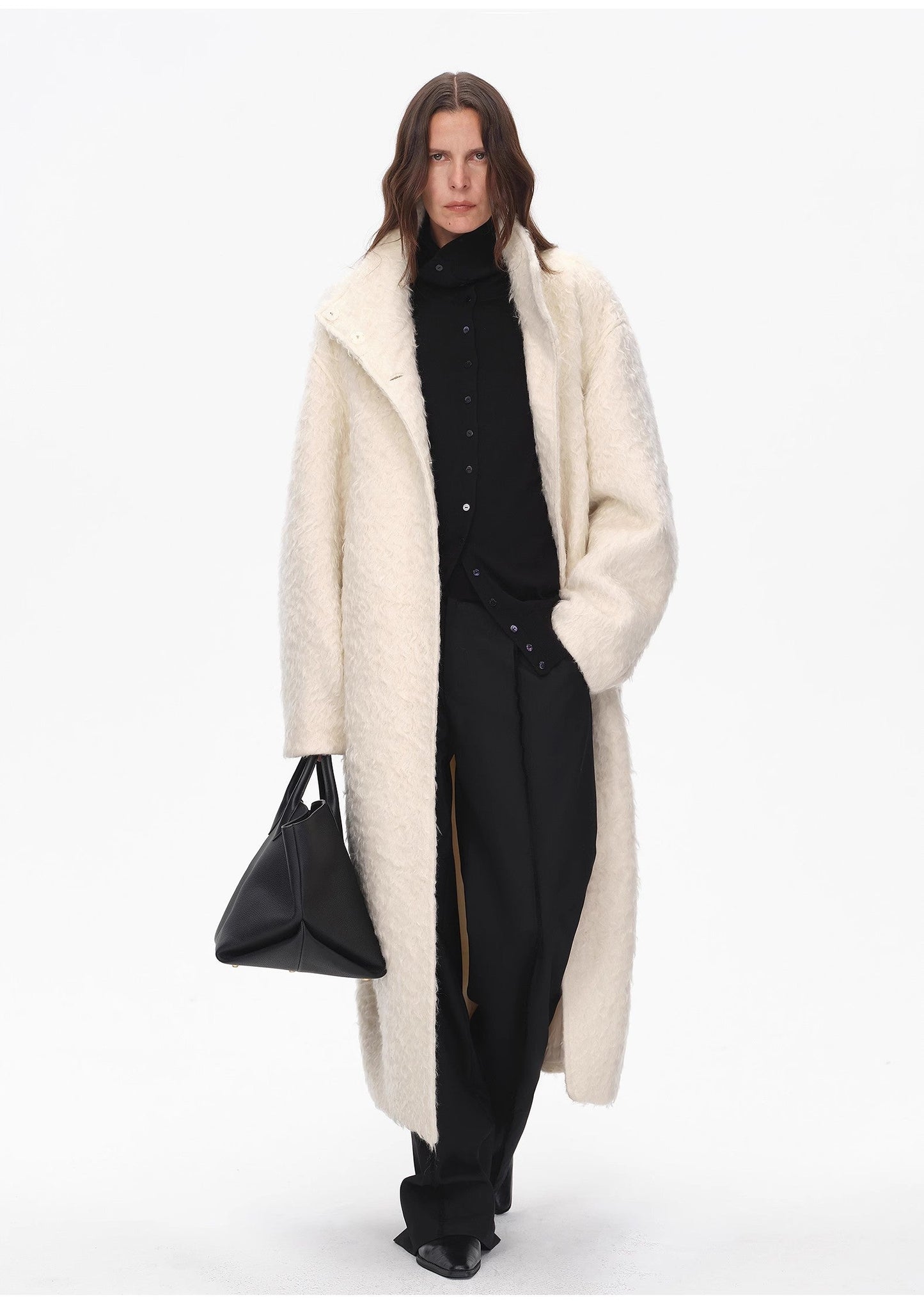 "Song of Snowland"Women's Mohair Wool Stand Collar Coat Autumn and Winter Loose Woolen Coat