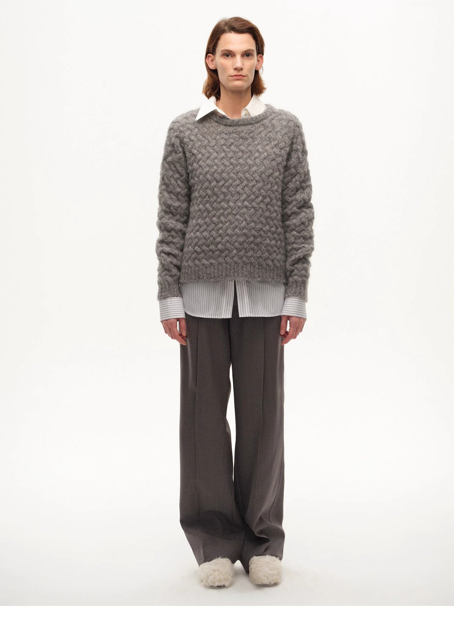 Classic Mohair Pullover Sweater w/ Textured Knit and Warmth-Enhancing Round Neck