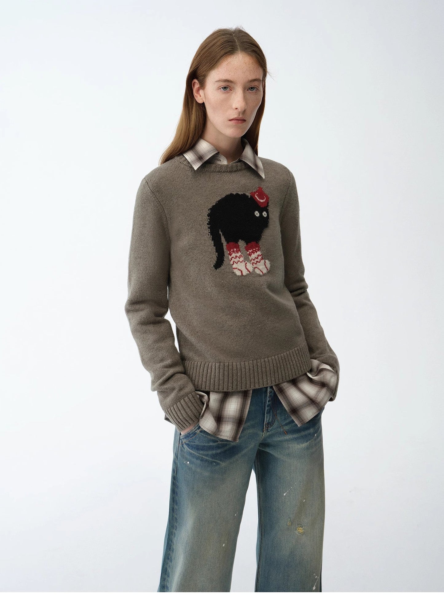 Wool Cotton Blend Animal Jacquard Round Neck Sweater for Women
