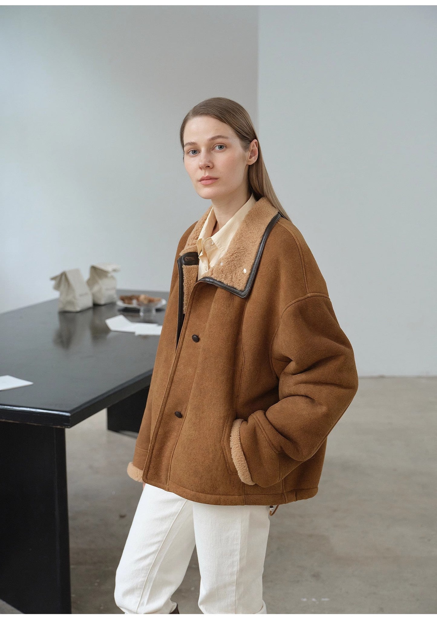 Fireladyfur Women's Shearling Coat - Merino Wool Stand-Up Fur Collar Knight's Contract