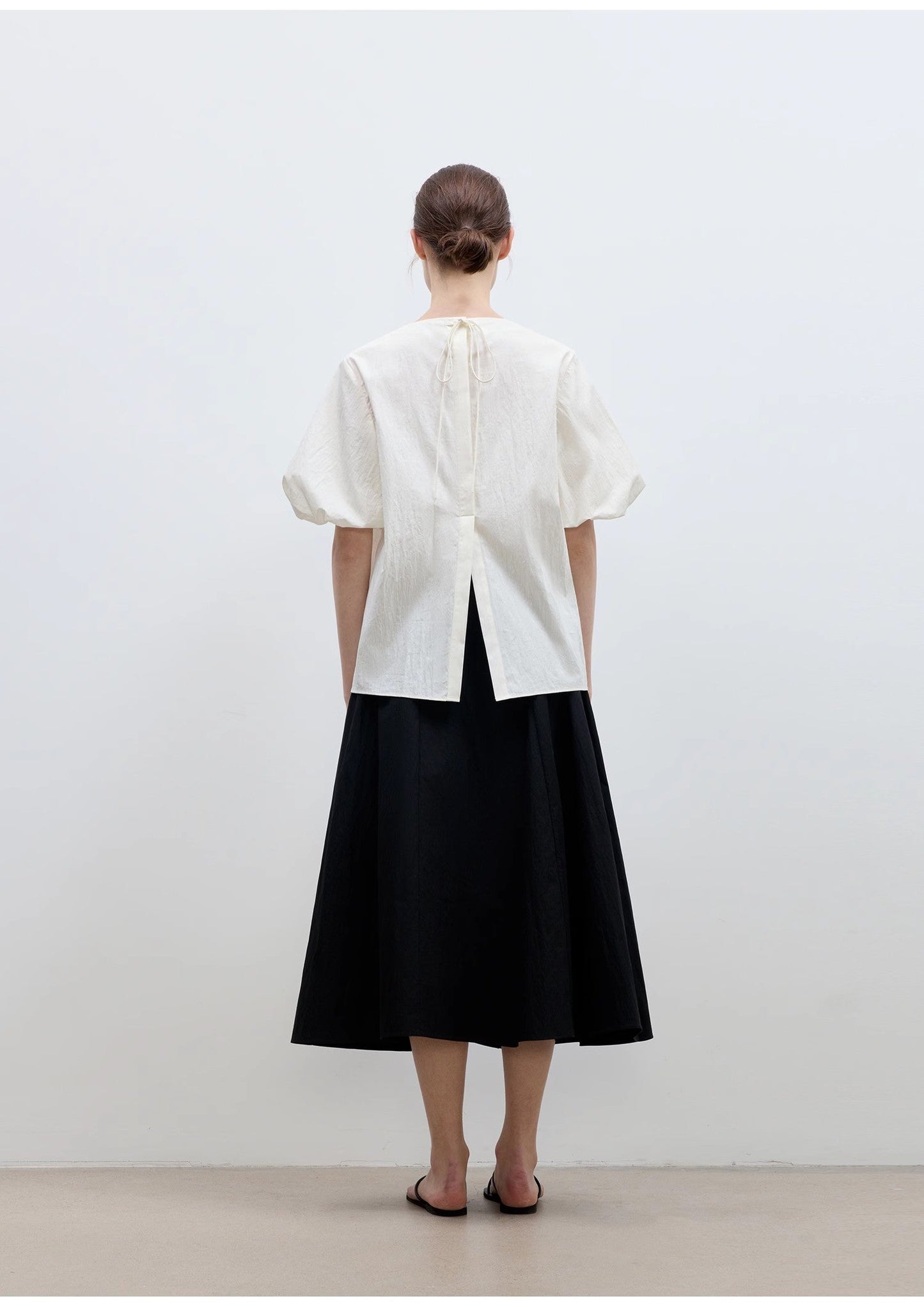 Neckline Pleated Design Round Neck Tie Puff Sleeve Short Sleeve Shirt