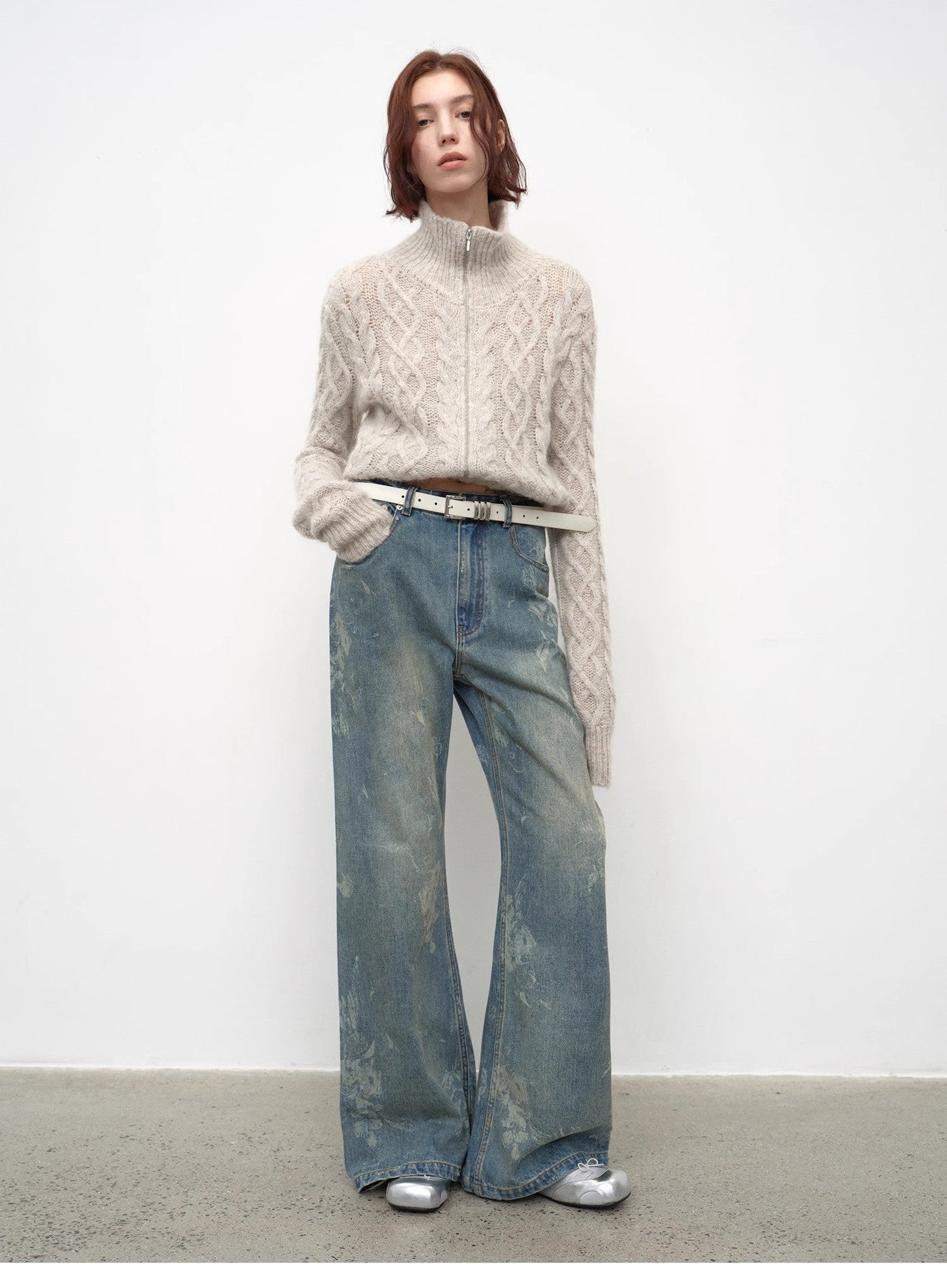 "Denim Shadow"retro Washed Printed Layered Casual Slimming Cotton Bootcut Jeans