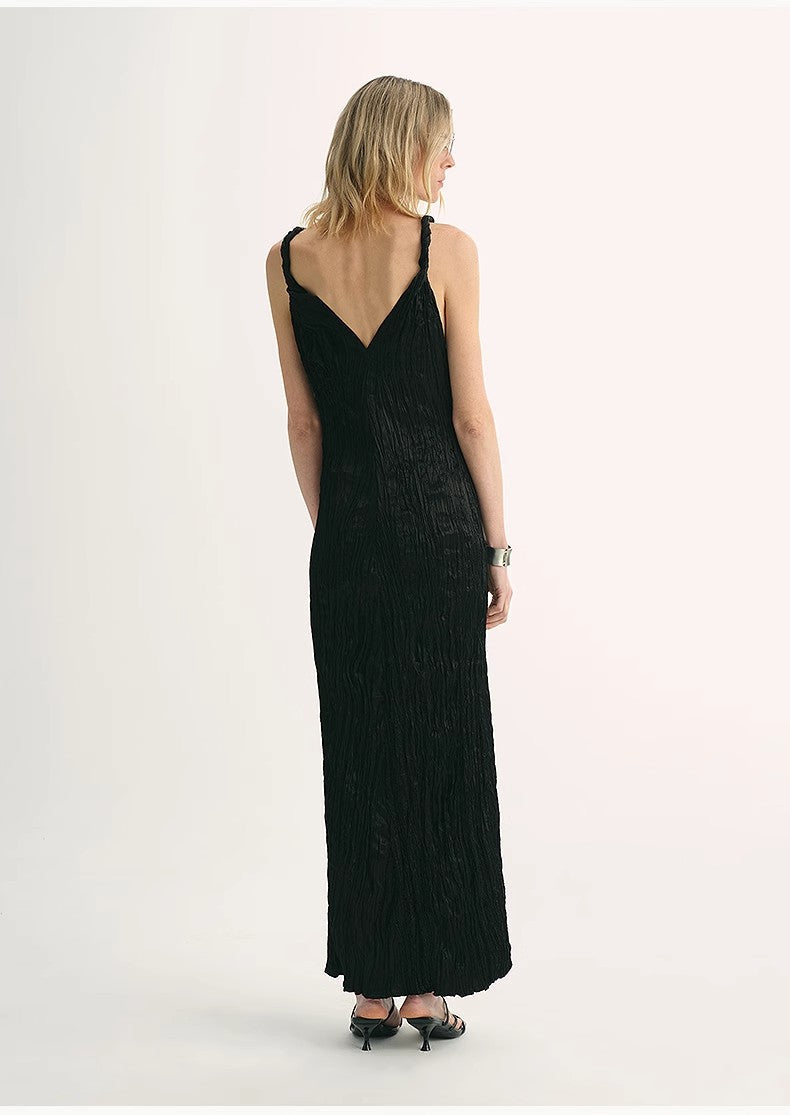 Three-Dimensional Wave Drape Pleated V-Neck Suspender Dress