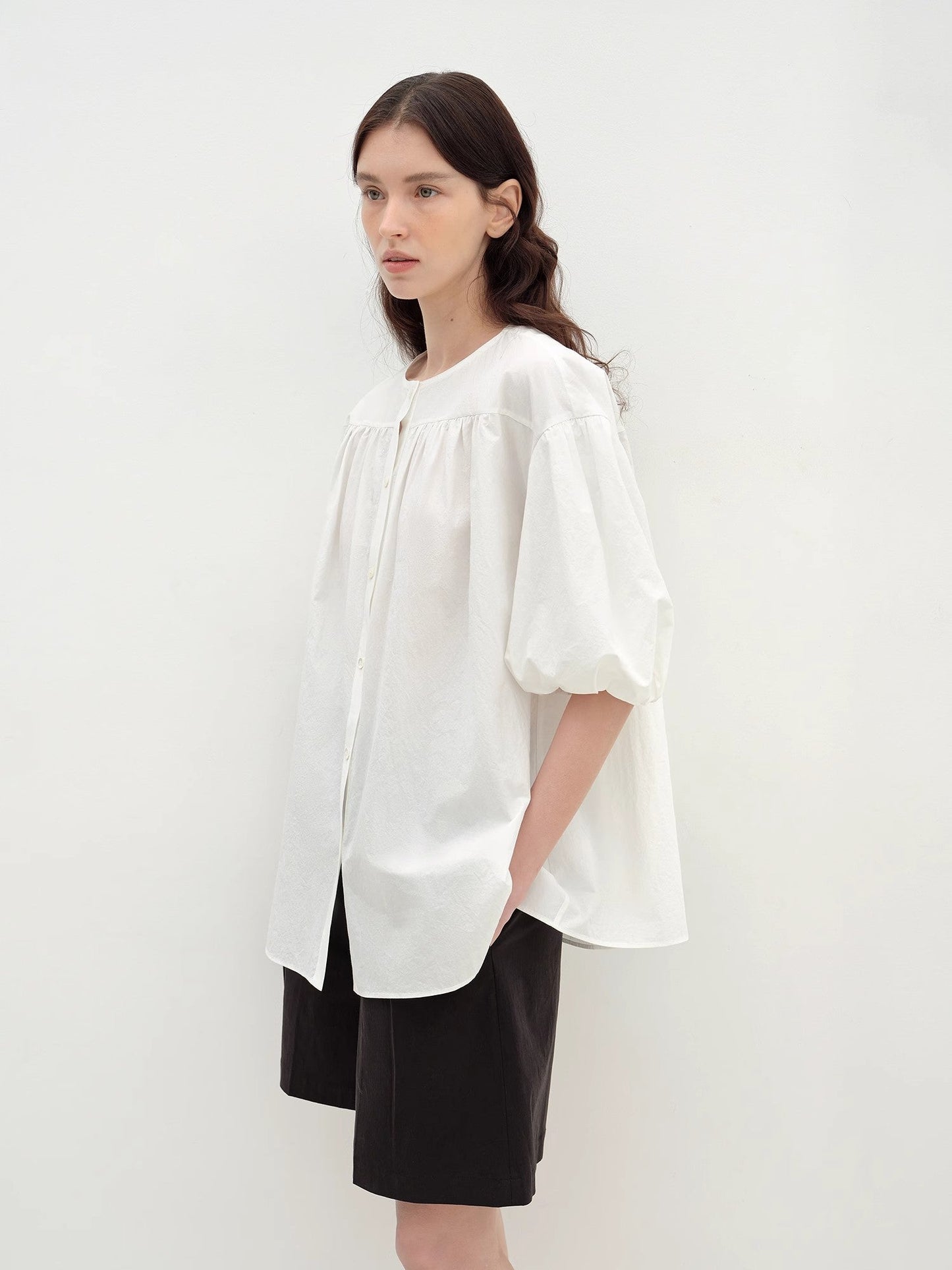 Pure Cotton Slightly Wrinkled Puff Sleeve Short Top for Women